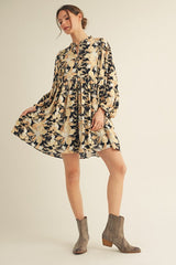 Black Floral Front Tie Bubble Sleeve Mini Dress