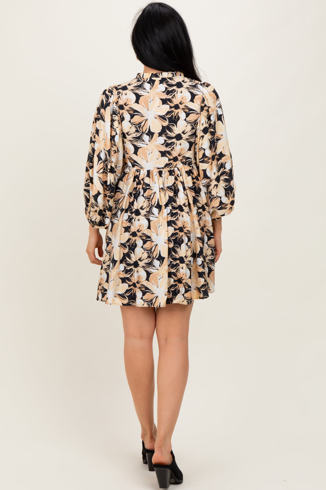 Black Floral Front Tie Bubble Sleeve Mini Dress
