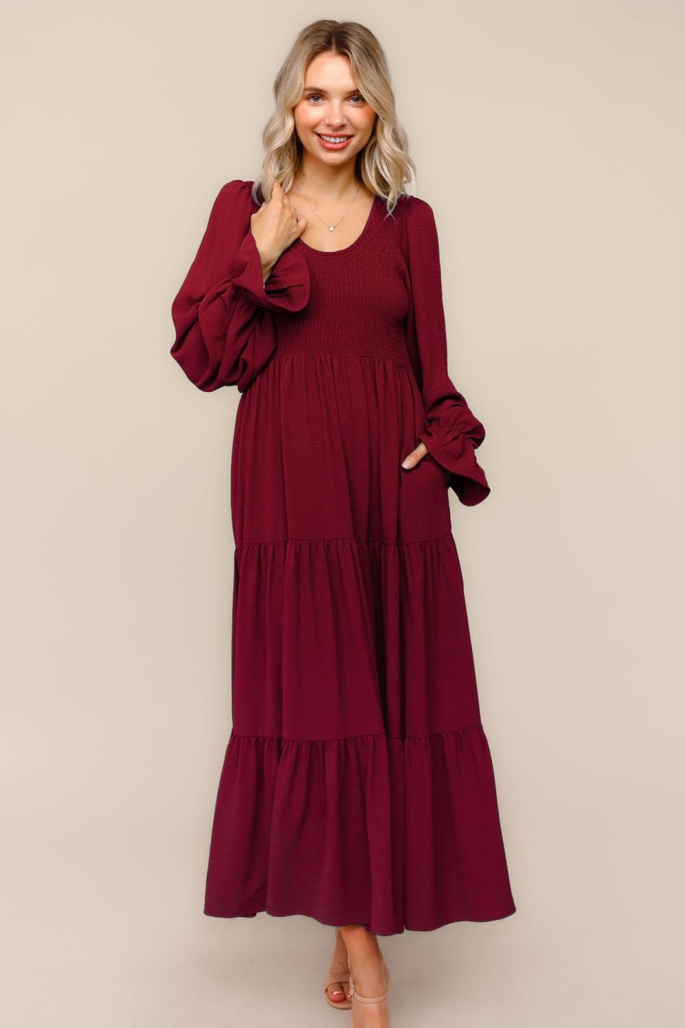 Burgundy Smocked Tiered Long Sleeve Maternity Maxi Dress