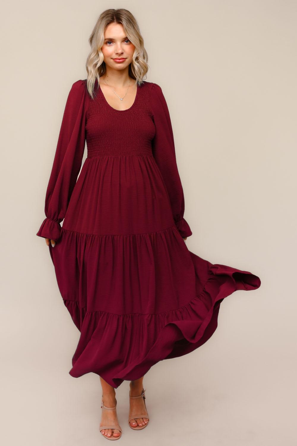 Burgundy Smocked Tiered Long Sleeve Maxi Dress