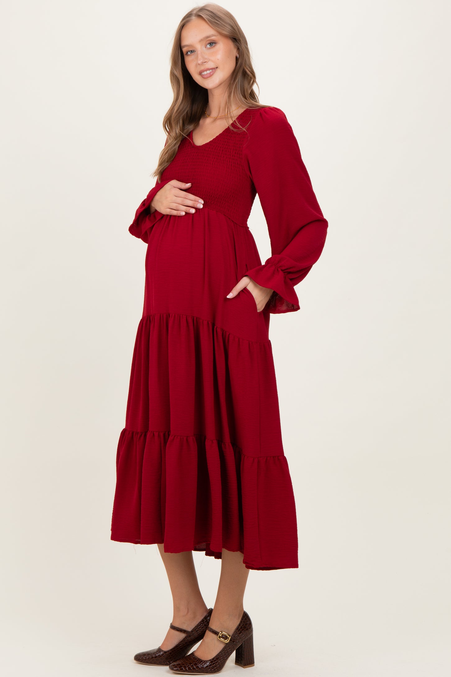 Burgundy Smocked Tiered Long Sleeve Maternity Maxi Dress