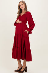 Burgundy Smocked Tiered Long Sleeve Maternity Maxi Dress
