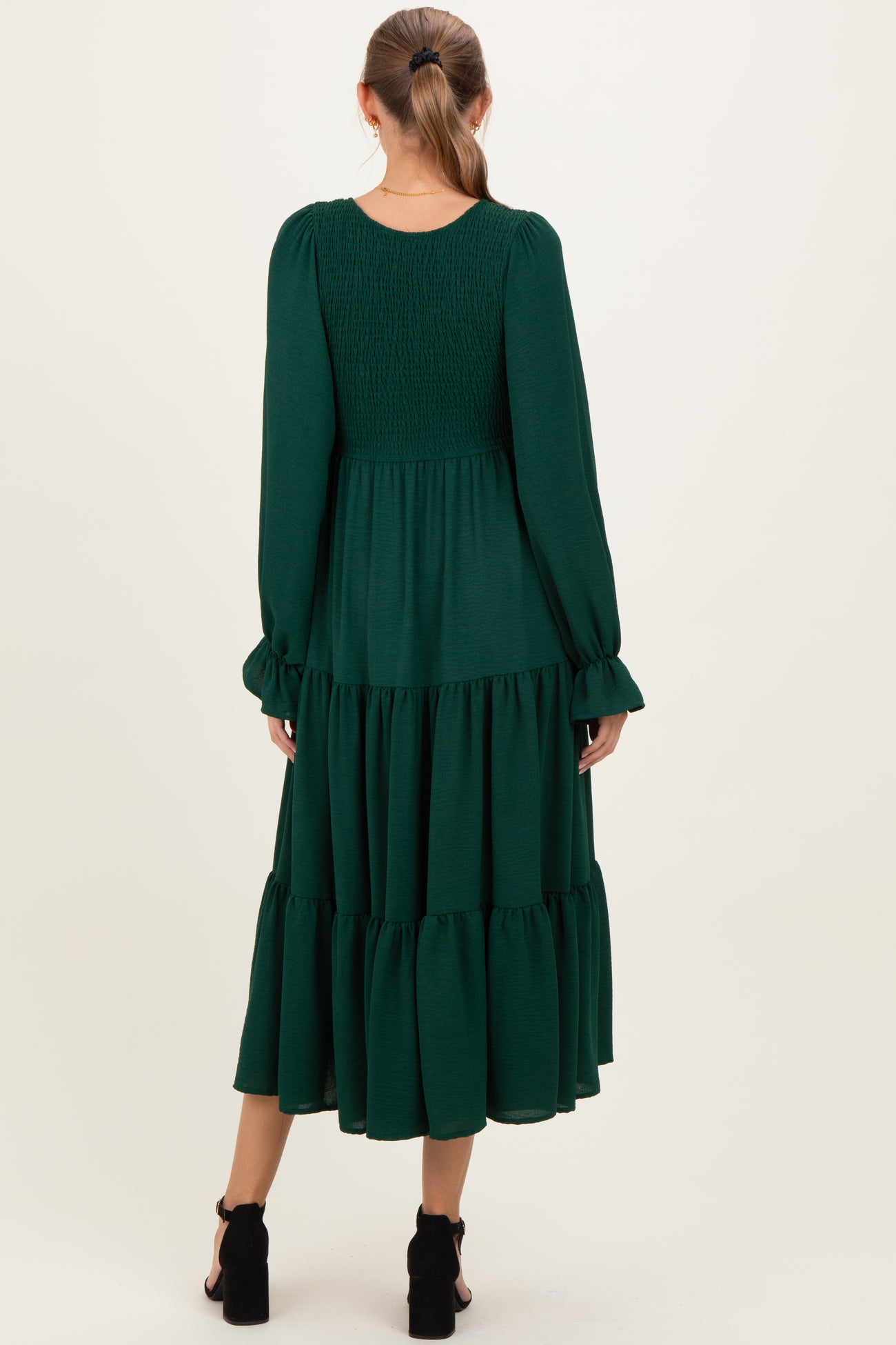 Forest Green Smocked Tiered Long Sleeve Maternity Maxi Dress