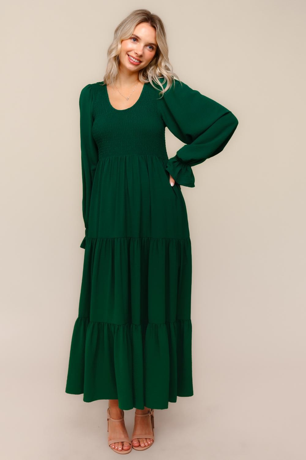 Forest Green Smocked Tiered Long Sleeve Maxi Dress