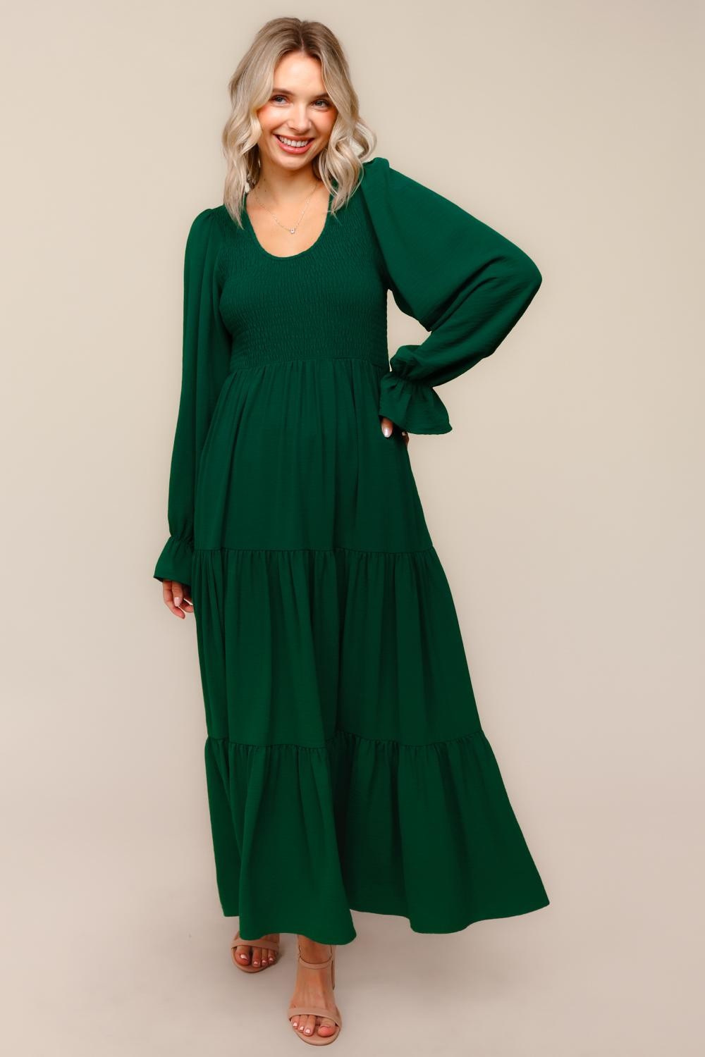 Forest Green Smocked Tiered Long Sleeve Maxi Dress