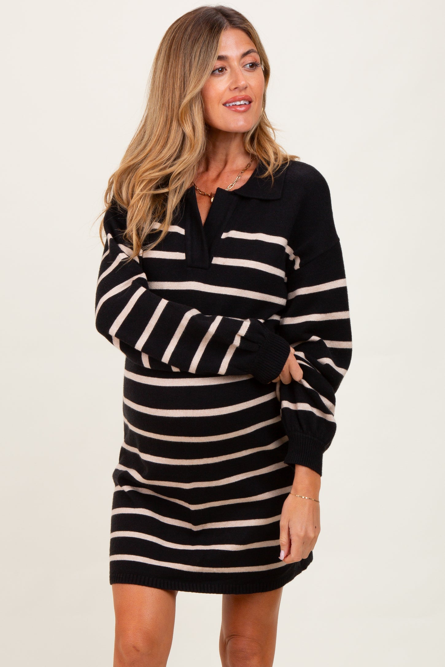 Black Striped Knit Maternity Polo Sweater Dress