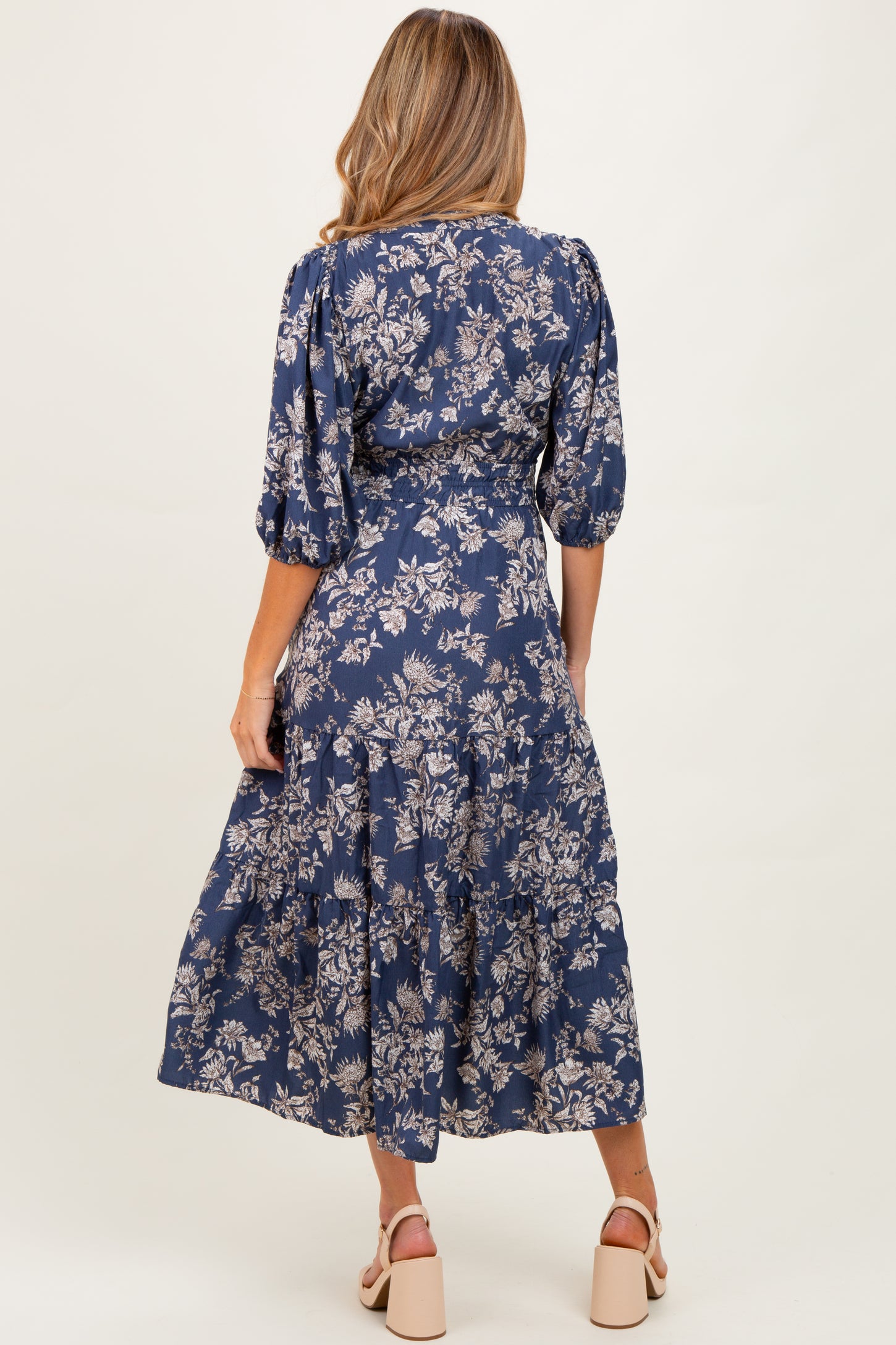 Blue Floral 3/4 Sleeve Smocked Waist Maternity Midi Dress