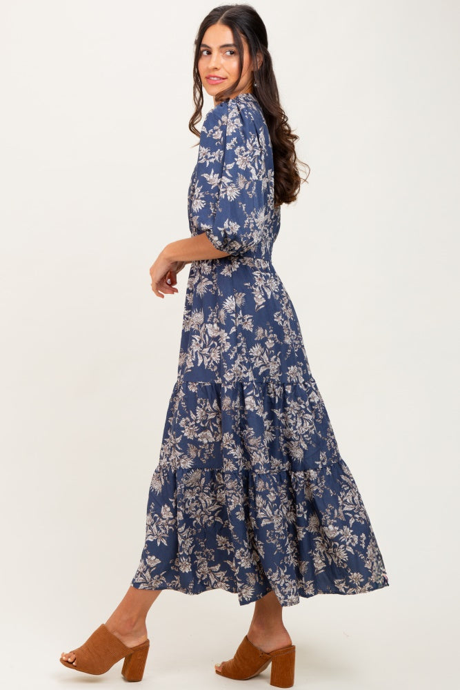 Blue Floral 3/4 Sleeve Smocked Waist Midi Dress