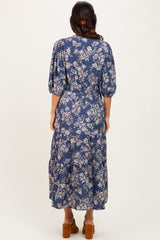 Blue Floral 3/4 Sleeve Smocked Waist Midi Dress
