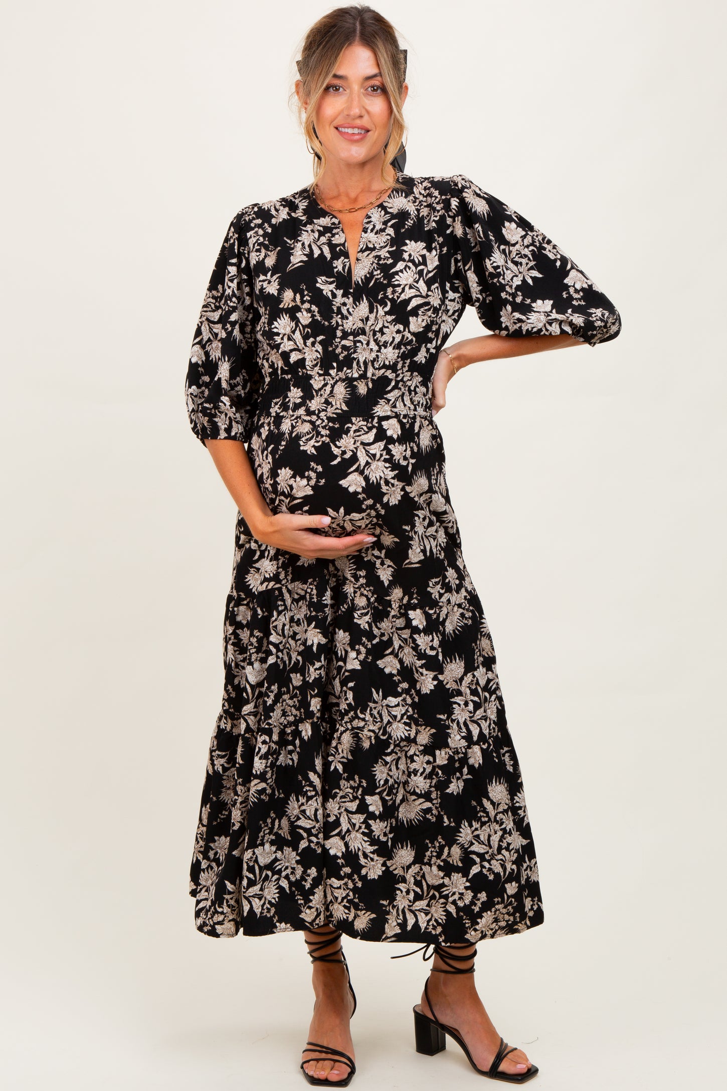 Black Floral 3/4 Sleeve Smocked Waist Maternity Midi Dress