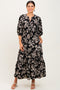 Black Floral 3/4 Sleeve Smocked Waist Midi Dress
