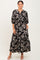 Black Floral 3/4 Sleeve Smocked Waist Midi Dress