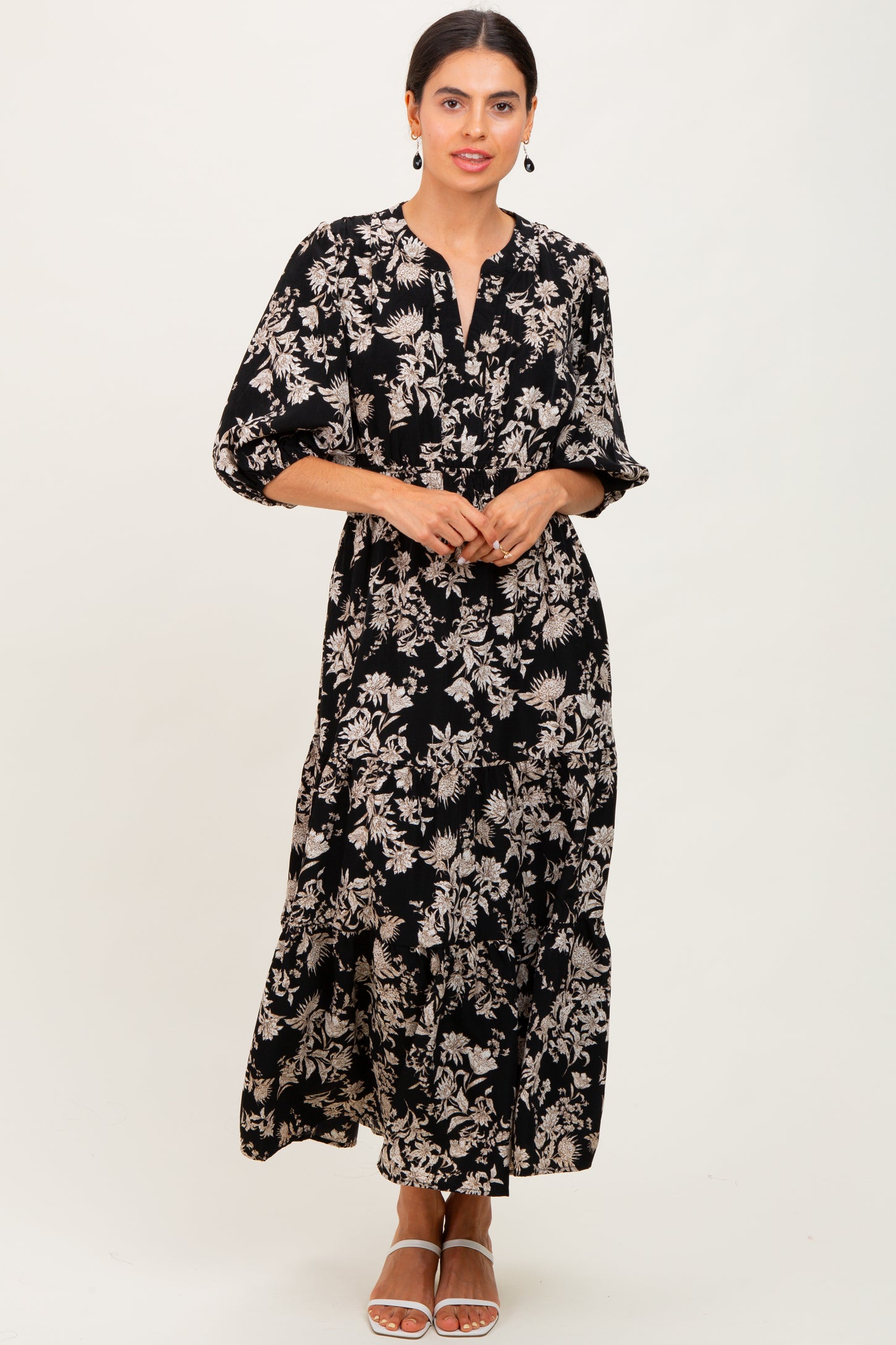 Black Floral 3/4 Sleeve Smocked Waist Midi Dress