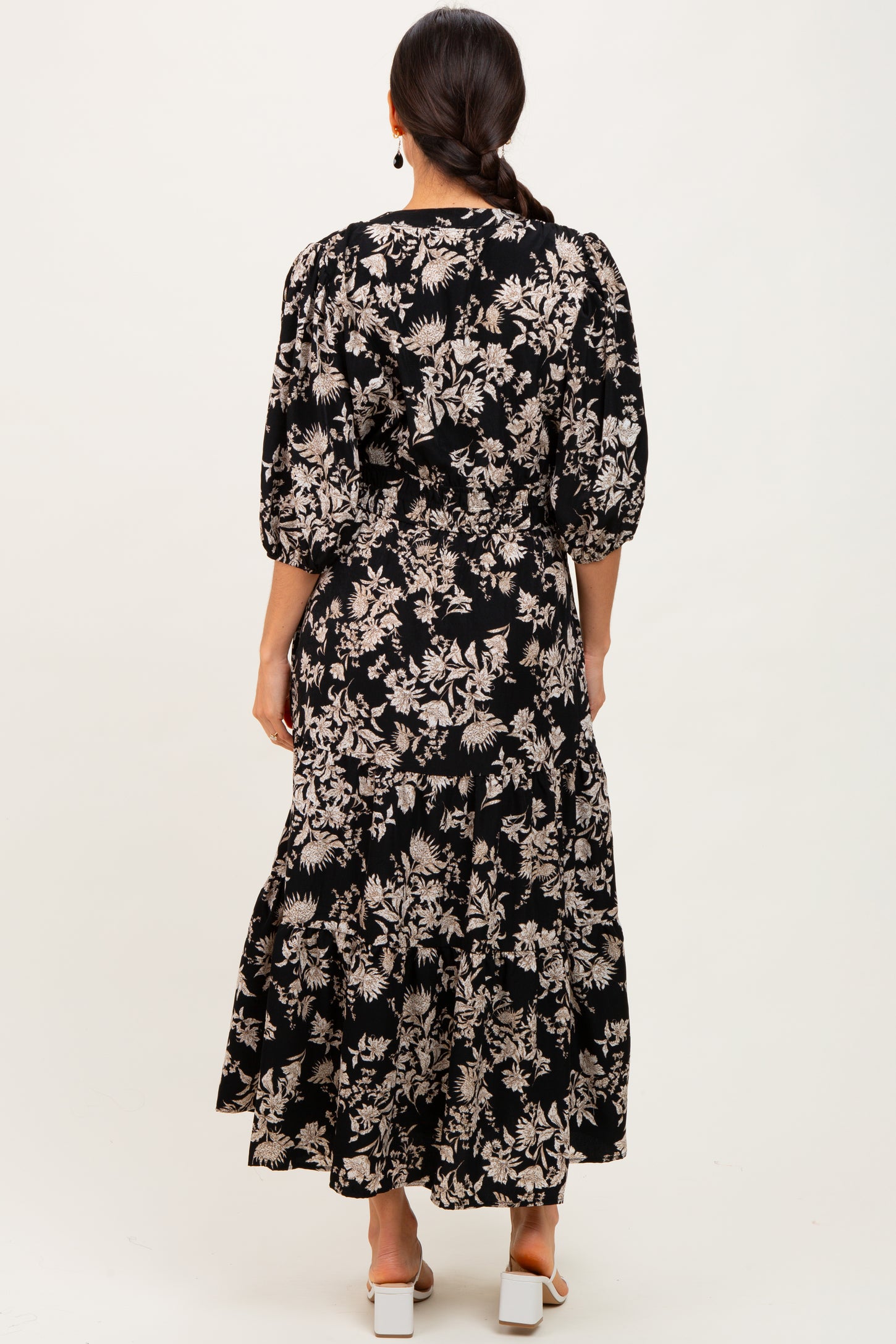 Black Floral 3/4 Sleeve Smocked Waist Midi Dress