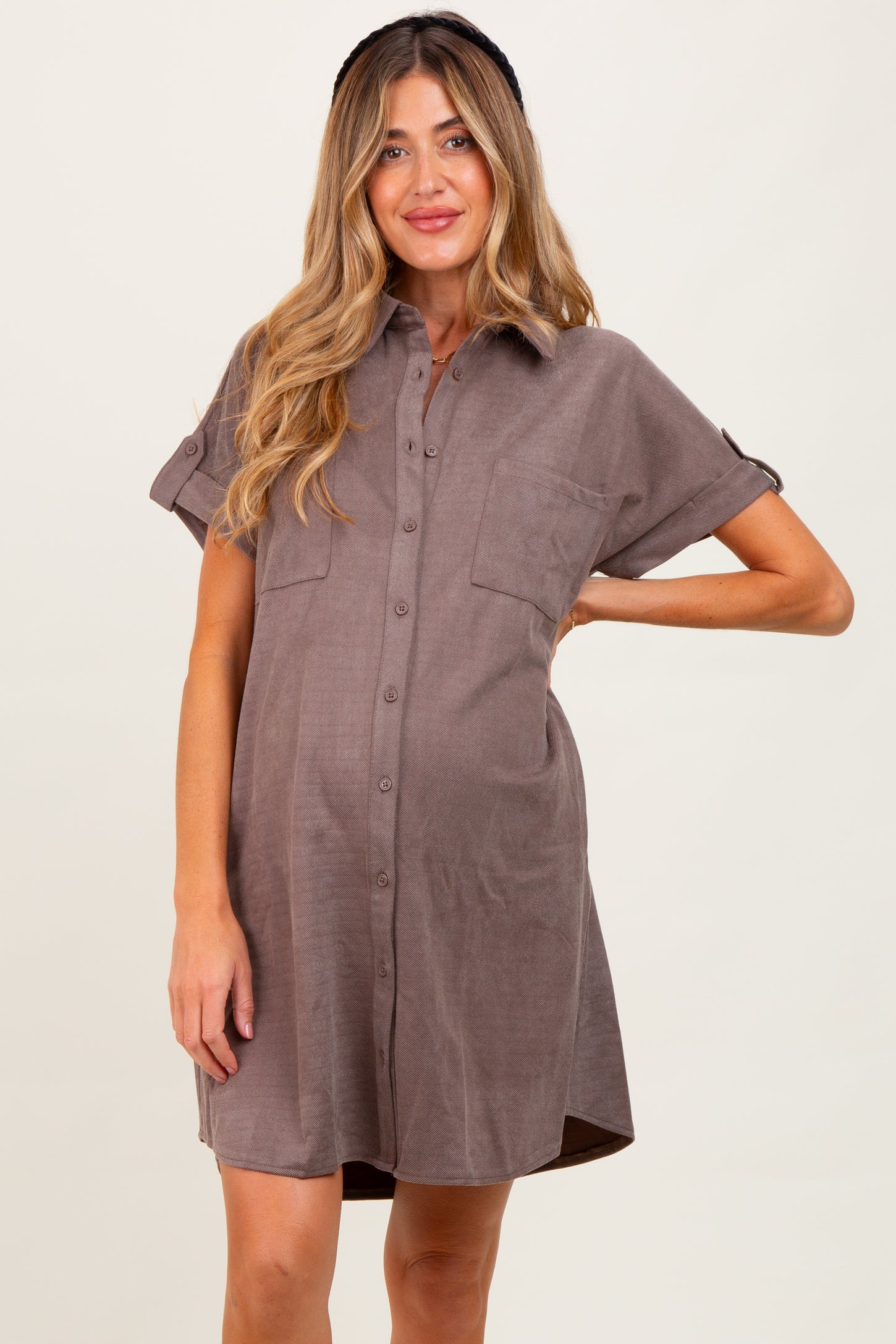 Mocha Faux Suede Button Down Maternity Shirt Dress