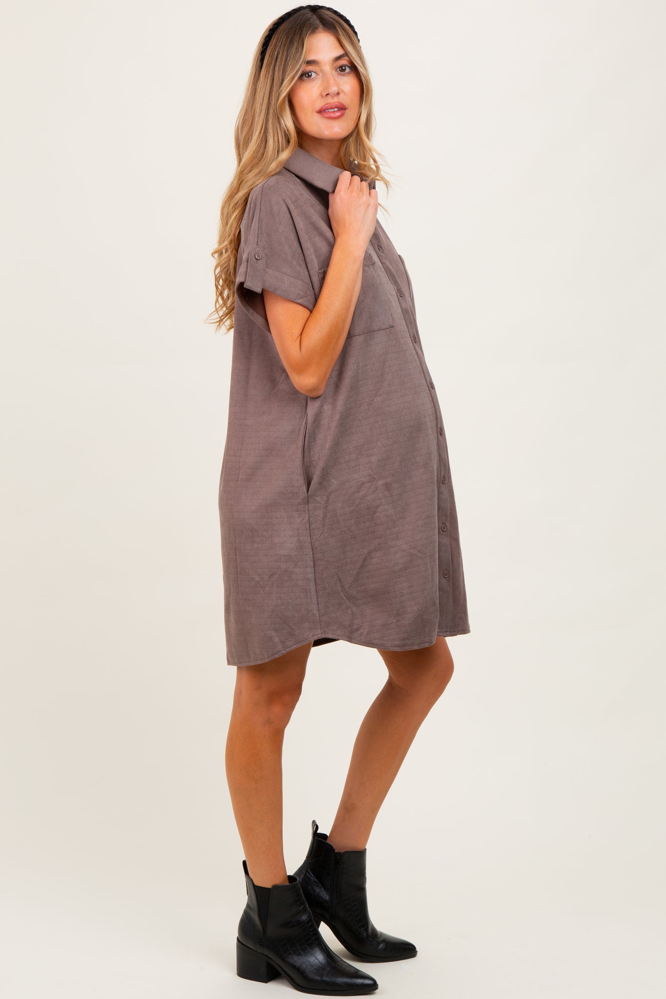 Mocha Faux Suede Button Down Maternity Shirt Dress