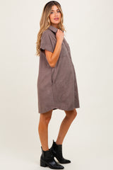 Mocha Faux Suede Button Down Maternity Shirt Dress