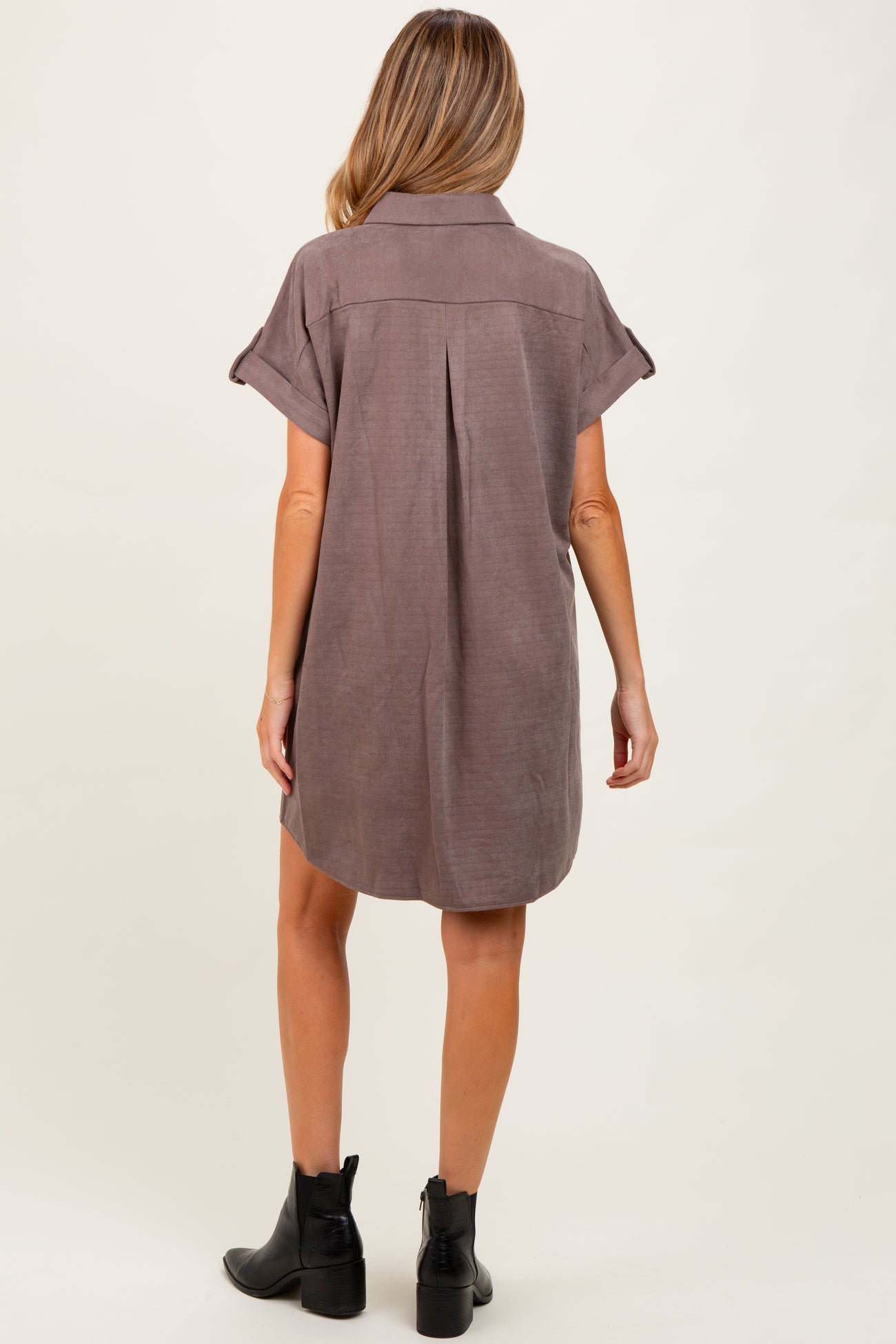 Mocha Faux Suede Button Down Maternity Shirt Dress