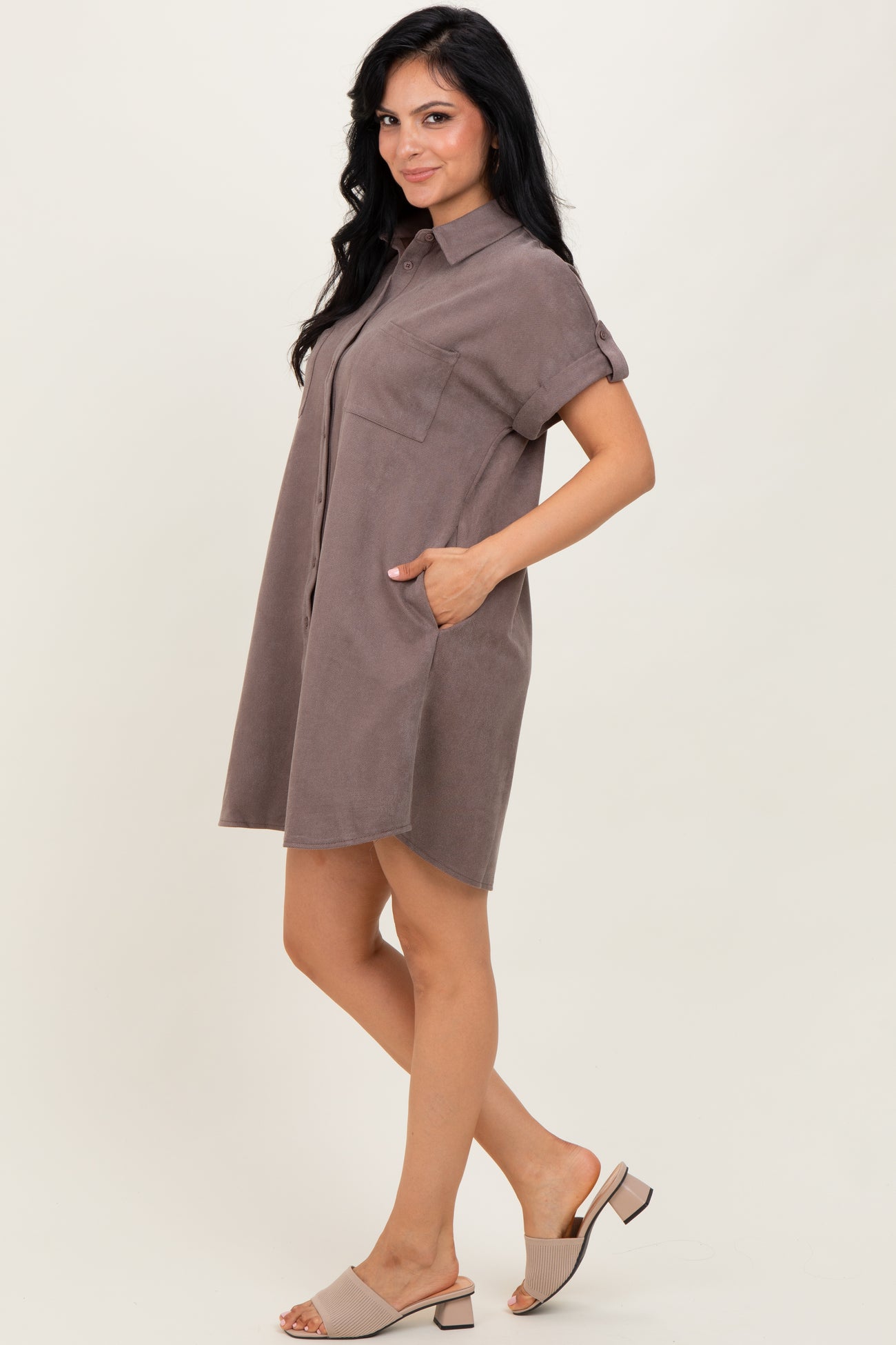 Mocha Faux Suede Button Down Shirt Dress