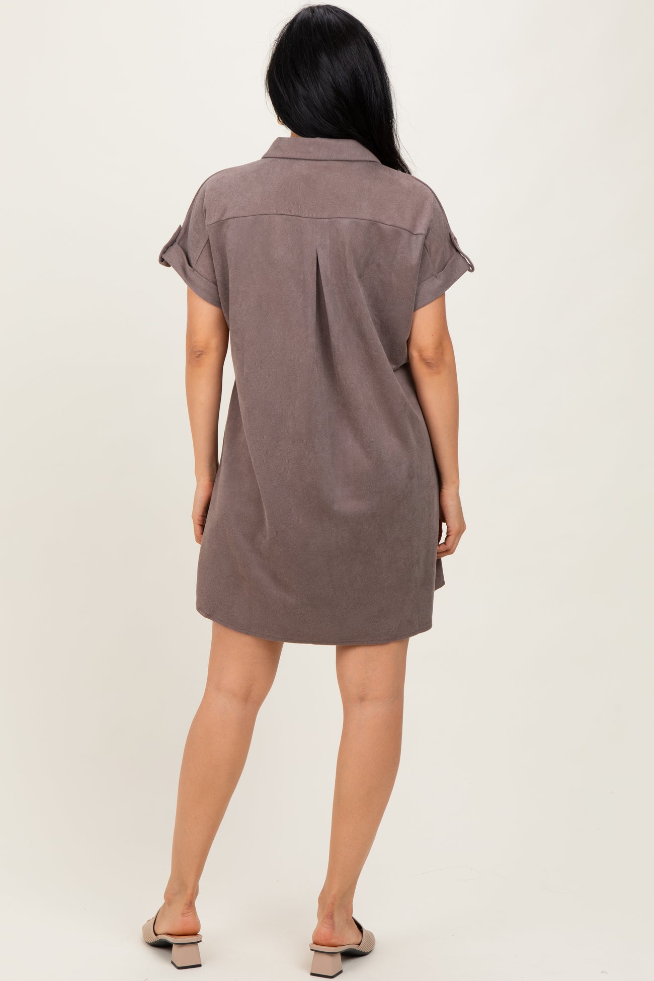 Mocha Faux Suede Button Down Shirt Dress