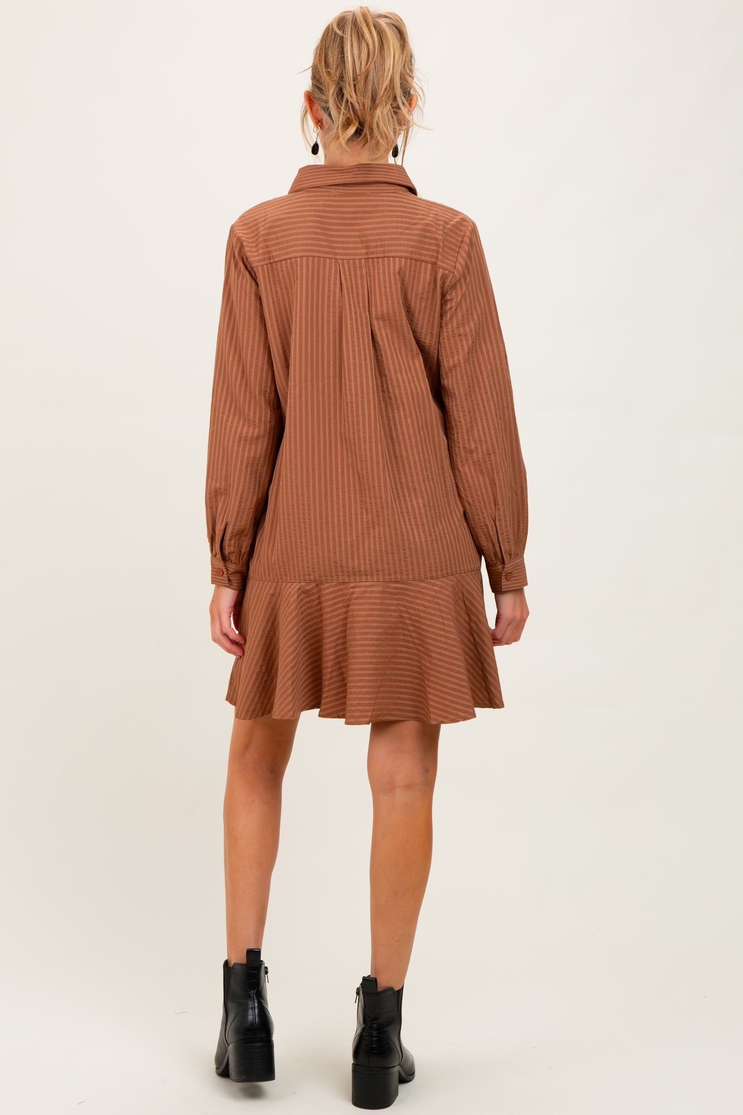 Camel Striped Long Sleeve Drop Waist Maternity Polo Dress