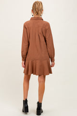 Camel Striped Long Sleeve Drop Waist Maternity Polo Dress