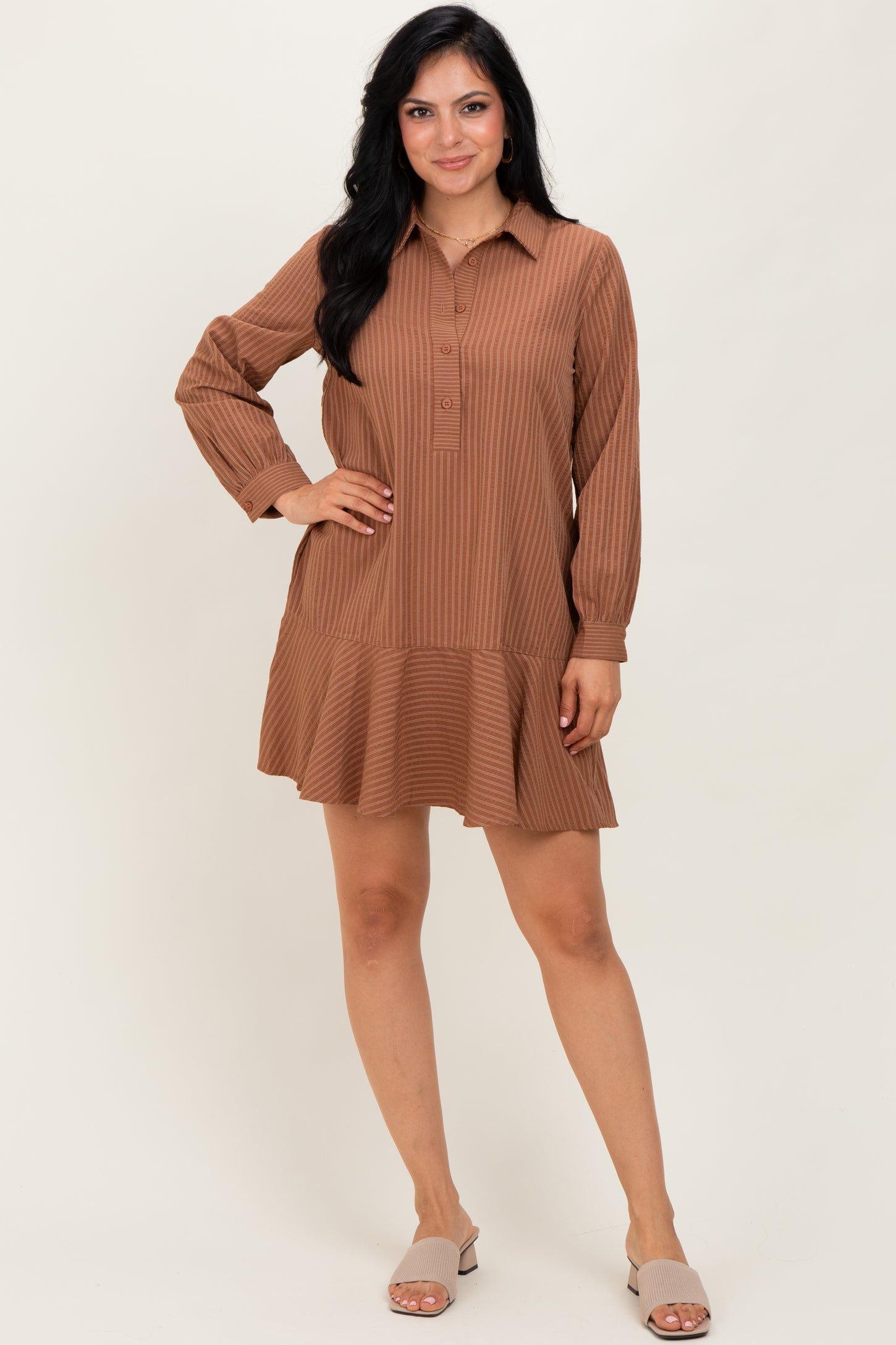 Camel Striped Long Sleeve Drop Waist Polo Dress