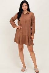 Camel Striped Long Sleeve Drop Waist Polo Dress