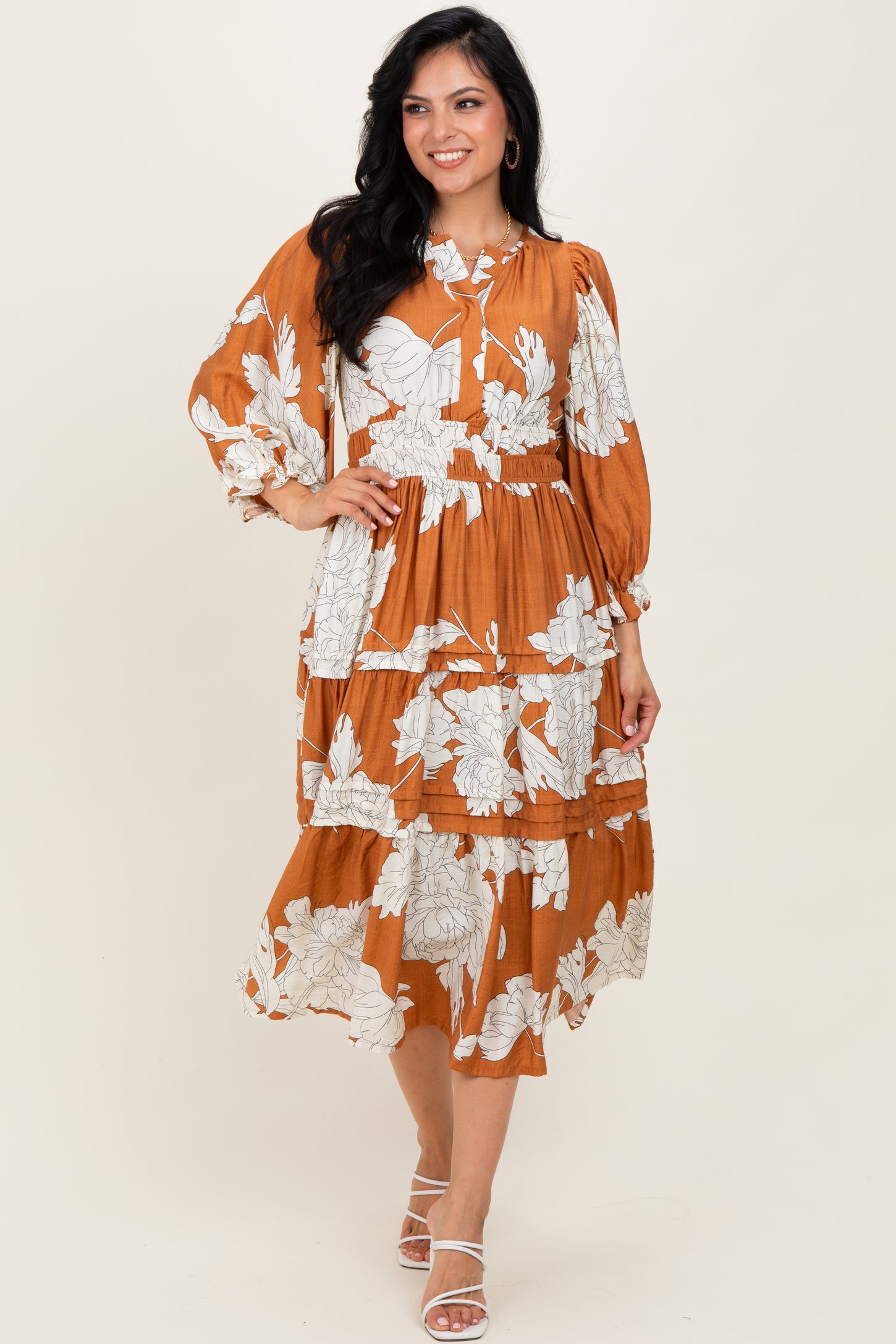 Camel Floral Long 3/4 Sleeve Tiered Midi Dress
