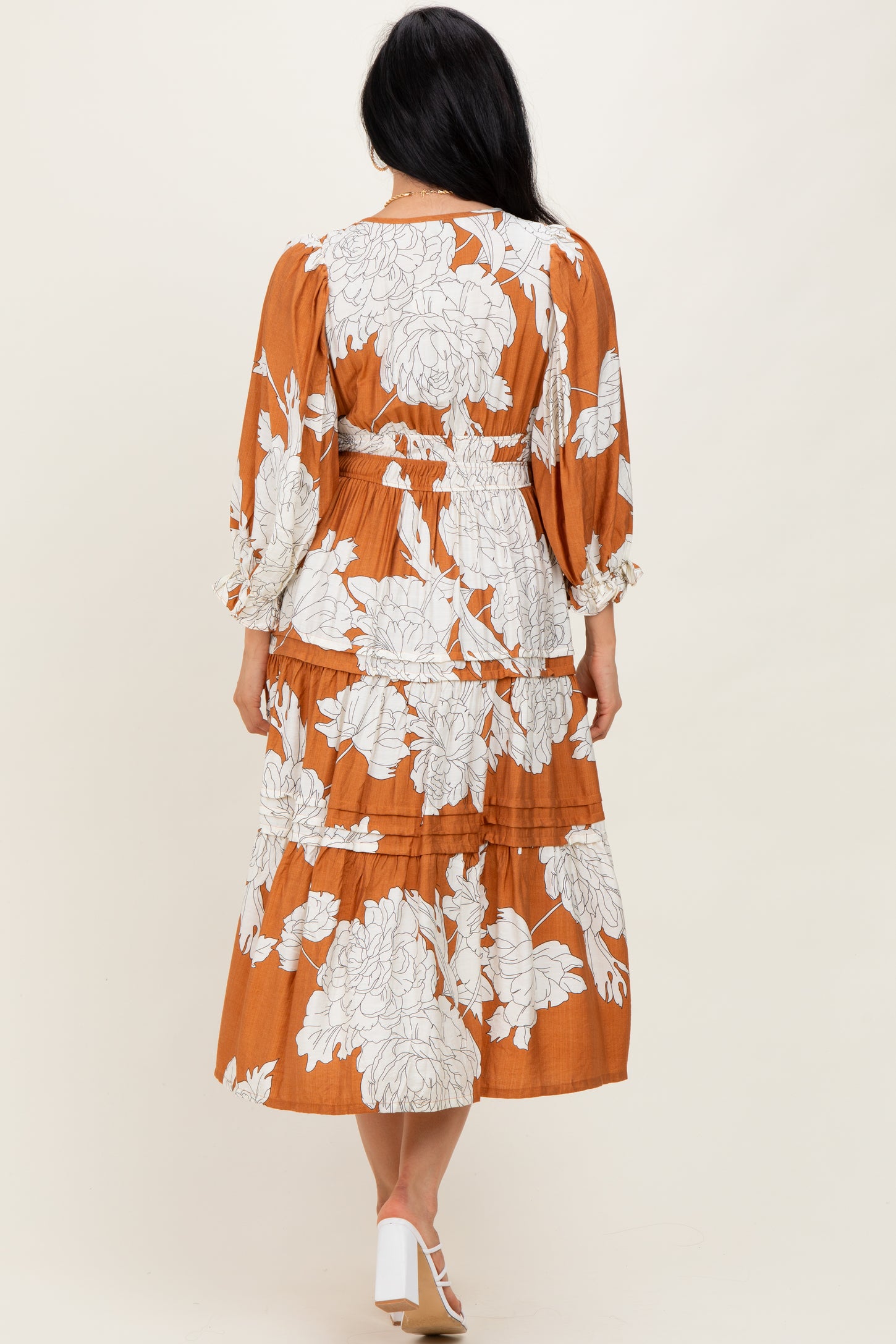 Camel Floral Long 3/4 Sleeve Tiered Midi Dress