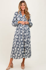 Navy Floral Button Down Long Sleeve Maternity Midi Dress
