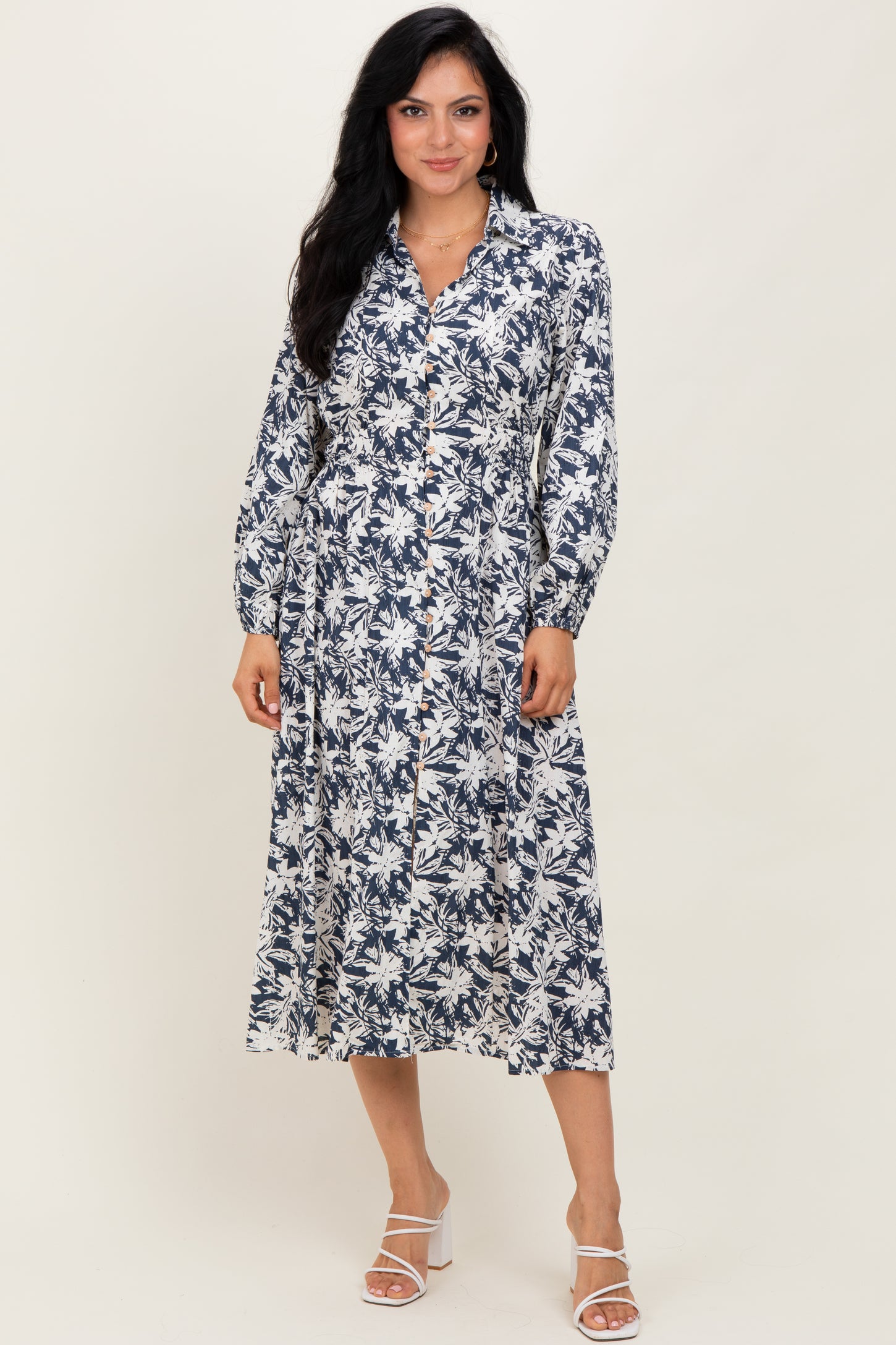 Navy Floral Button Down Long Sleeve Maternity Midi Dress