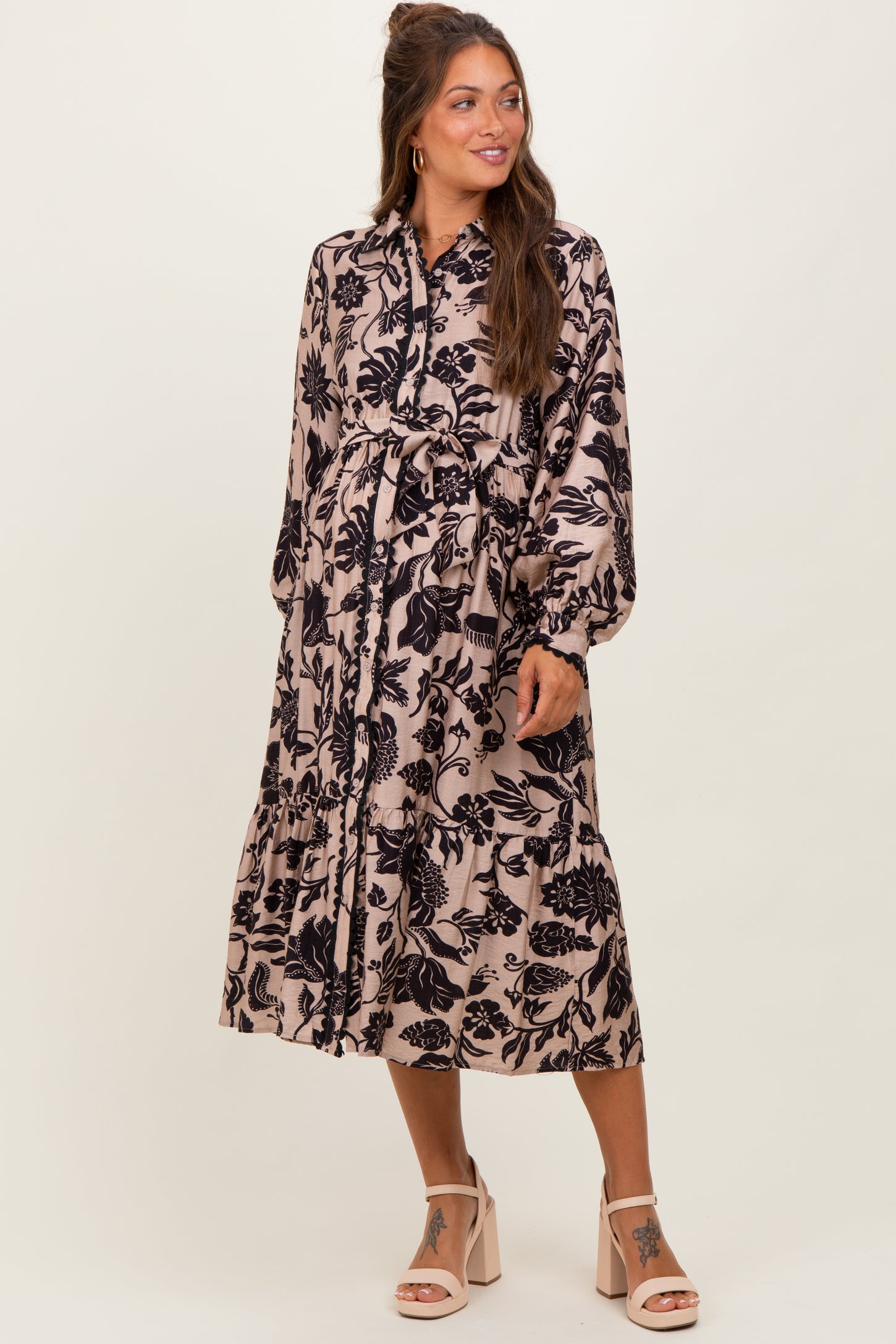 Beige Floral Button Down Bubble Sleeve Maternity Shirt Dress