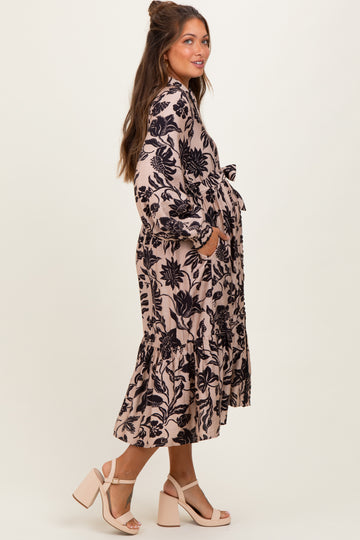 Beige Floral Button Down Bubble Sleeve Maternity Shirt Dress