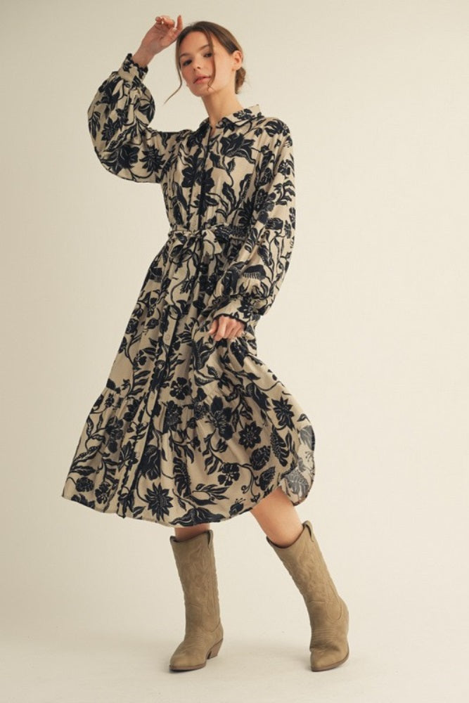 Beige Floral Button Down Bubble Sleeve Shirt Dress