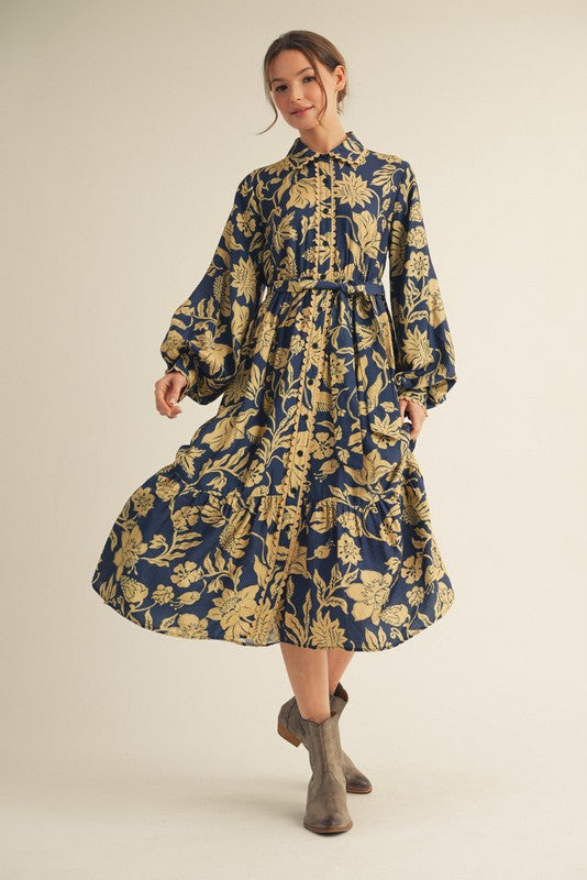 Navy Floral Button Down Bubble Sleeve Maternity Shirt Dress