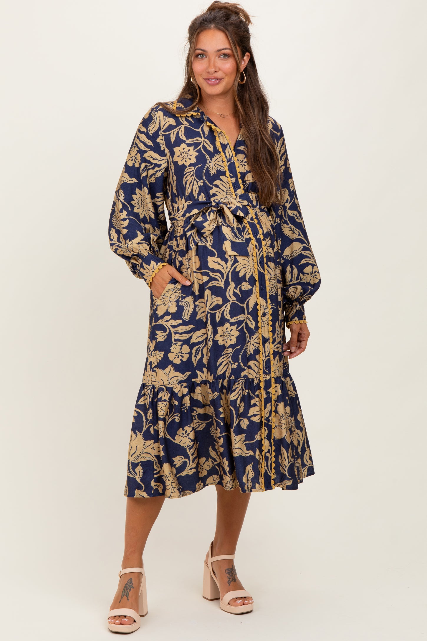 Navy Floral Button Down Bubble Sleeve Maternity Shirt Dress
