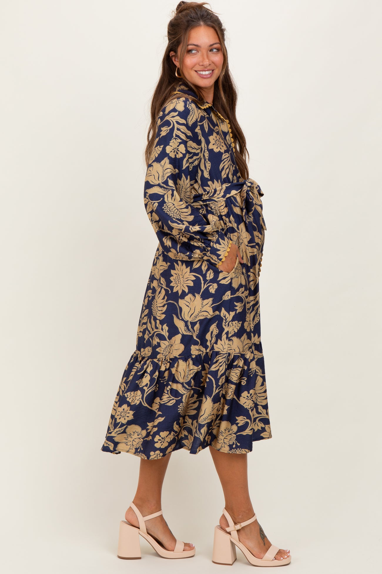 Navy Floral Button Down Bubble Sleeve Maternity Shirt Dress