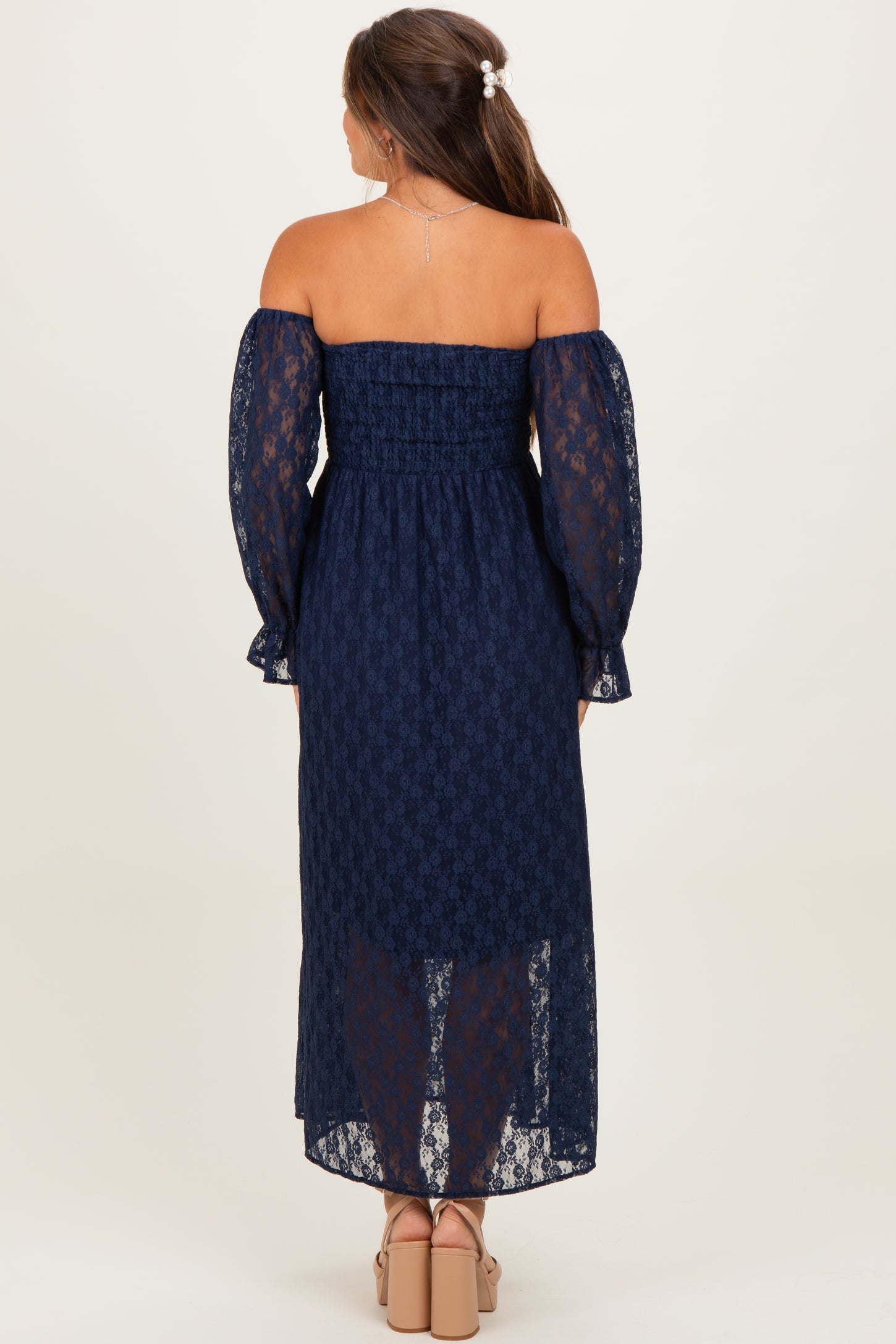 maternity wear navy blue off-the-shoulder lace maxi dress with long sheer puff sleeves and a fitted bodice