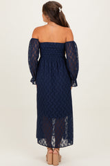 maternity wear navy blue off-the-shoulder lace maxi dress with long sheer puff sleeves and a fitted bodice