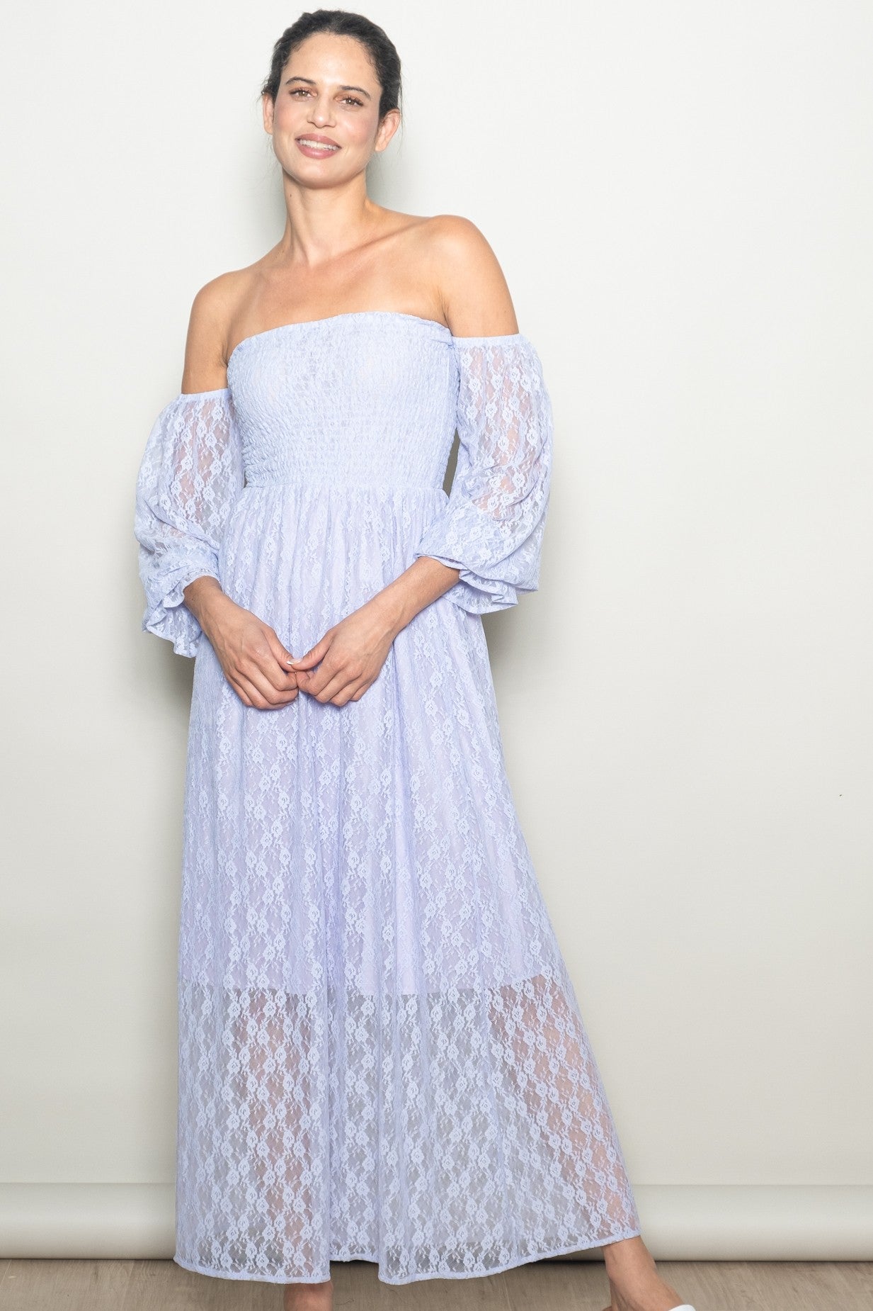 Lavender Lace Overlay Smocked Maternity Maxi Dress