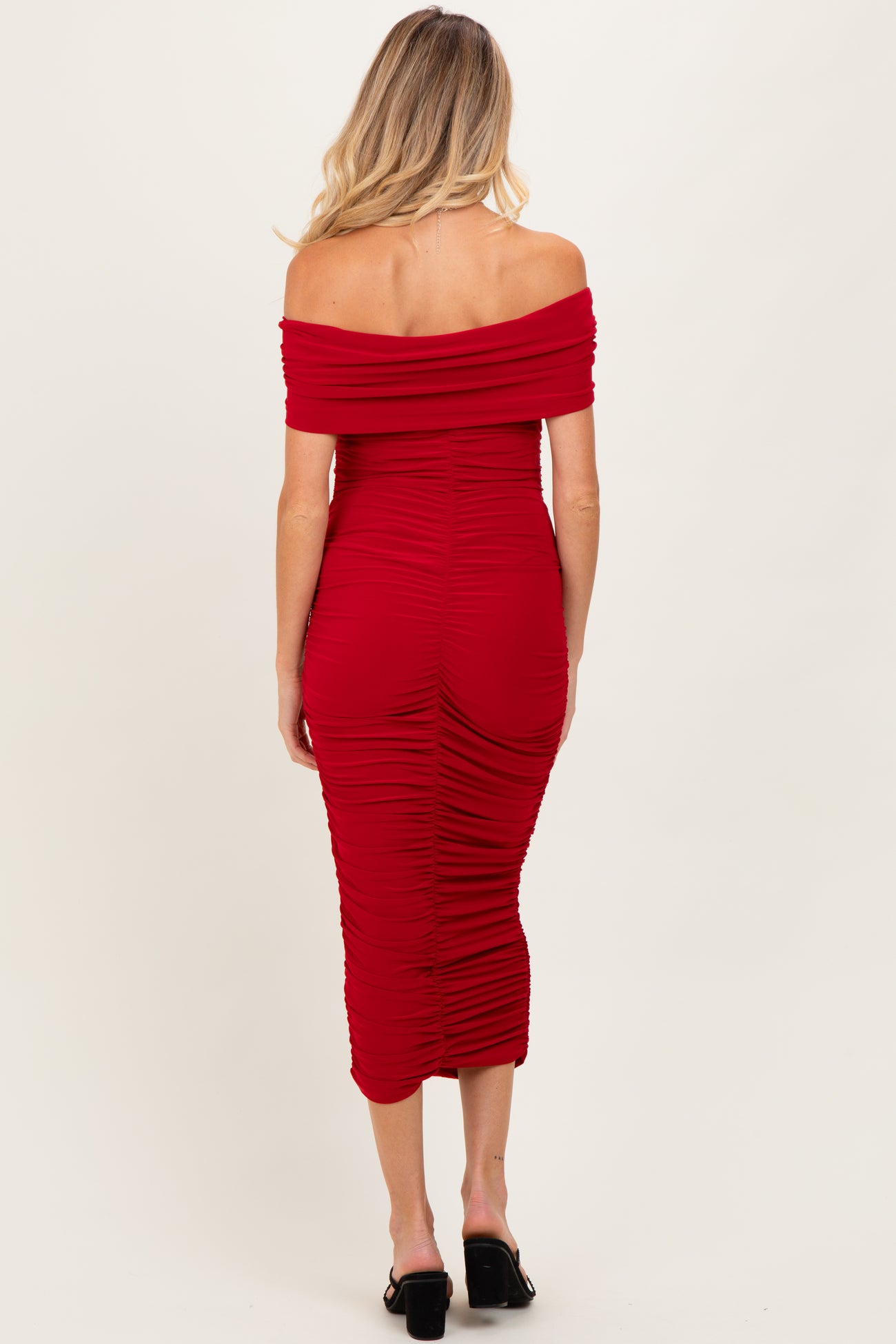 Red Off Shoulder Ruched Maternity Midi Dress