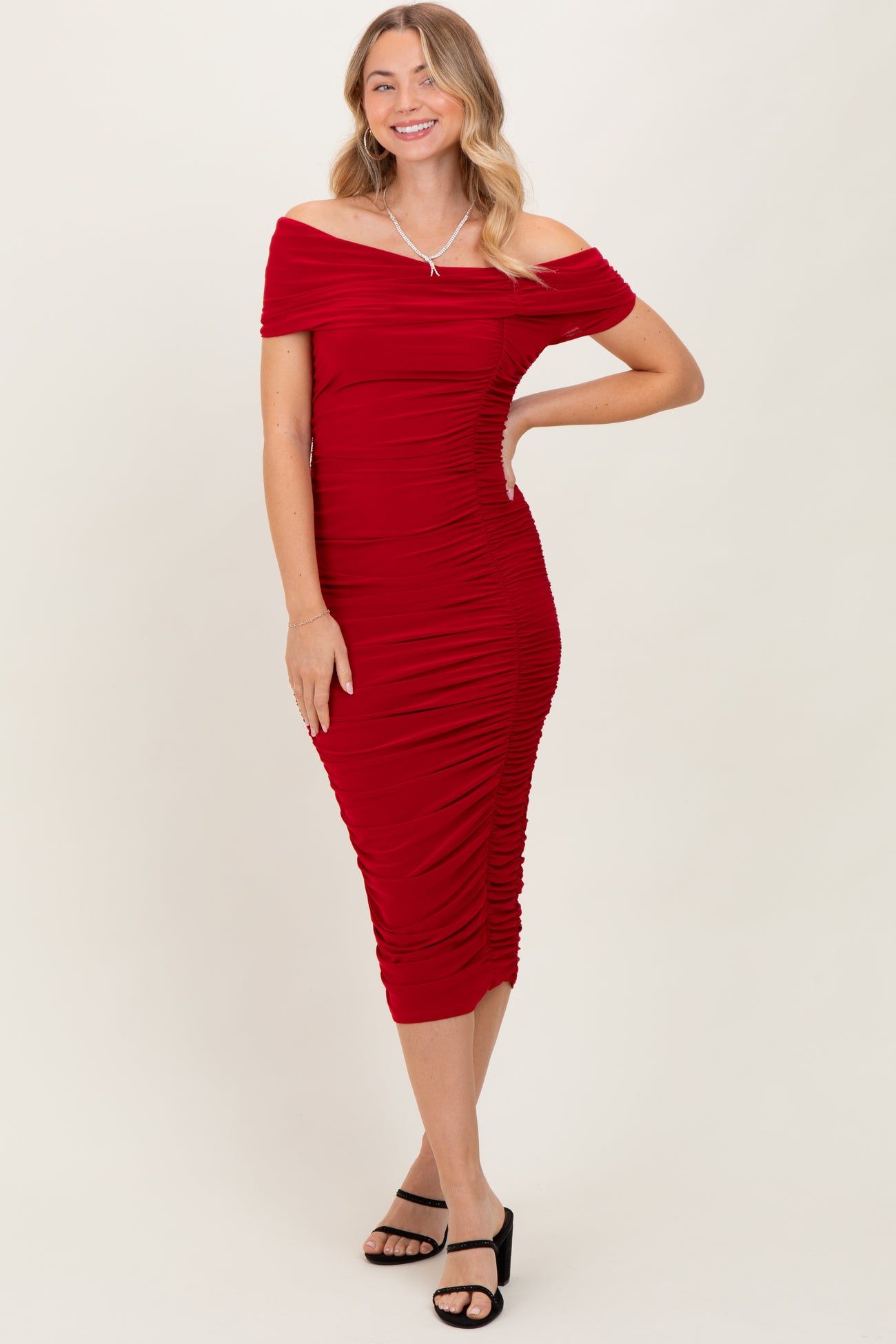 Red Off Shoulder Ruched Midi Dress