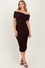 Brown Off Shoulder Ruched Midi Dress