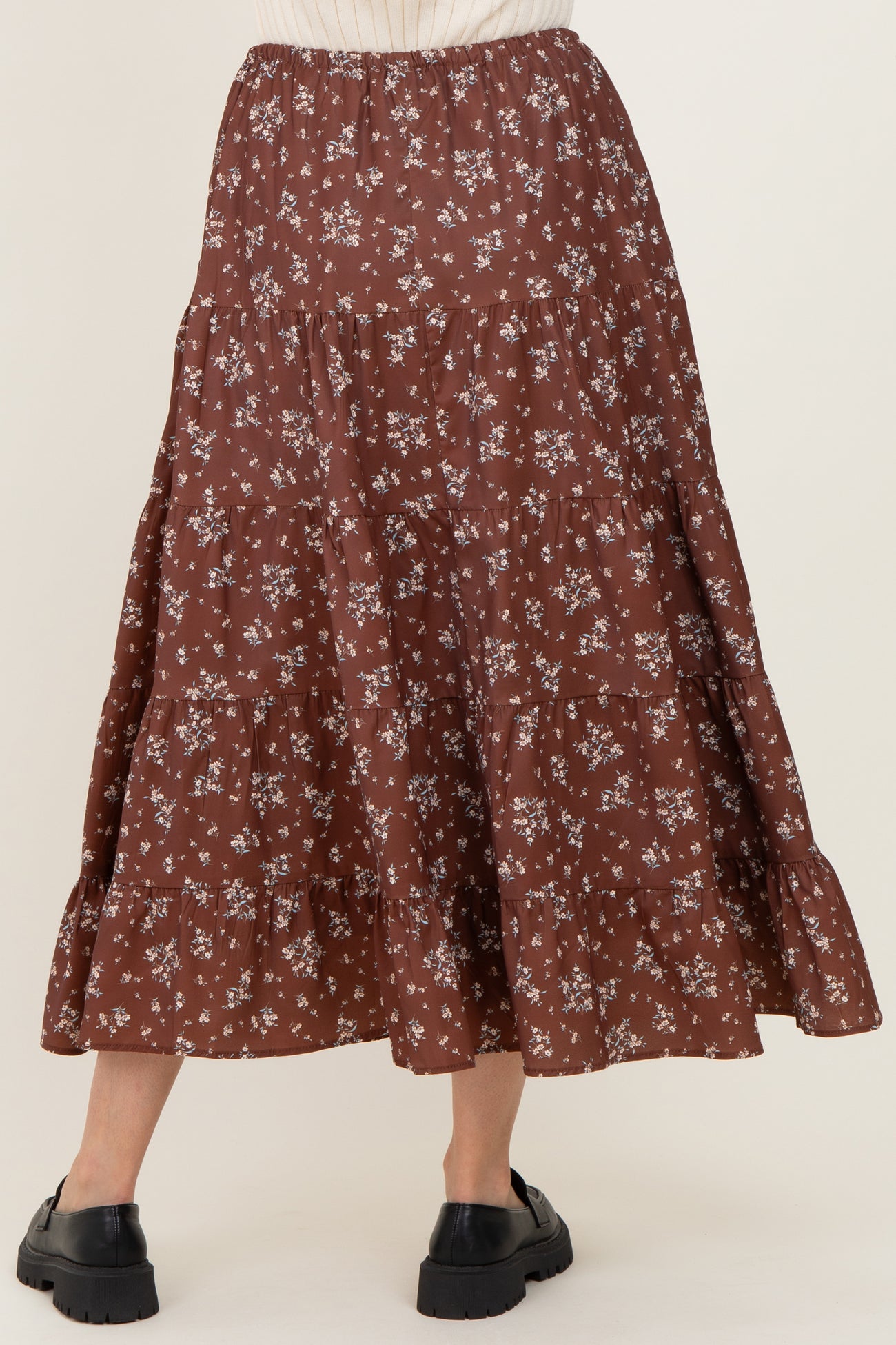 Brown Floral Tiered Maxi Skirt
