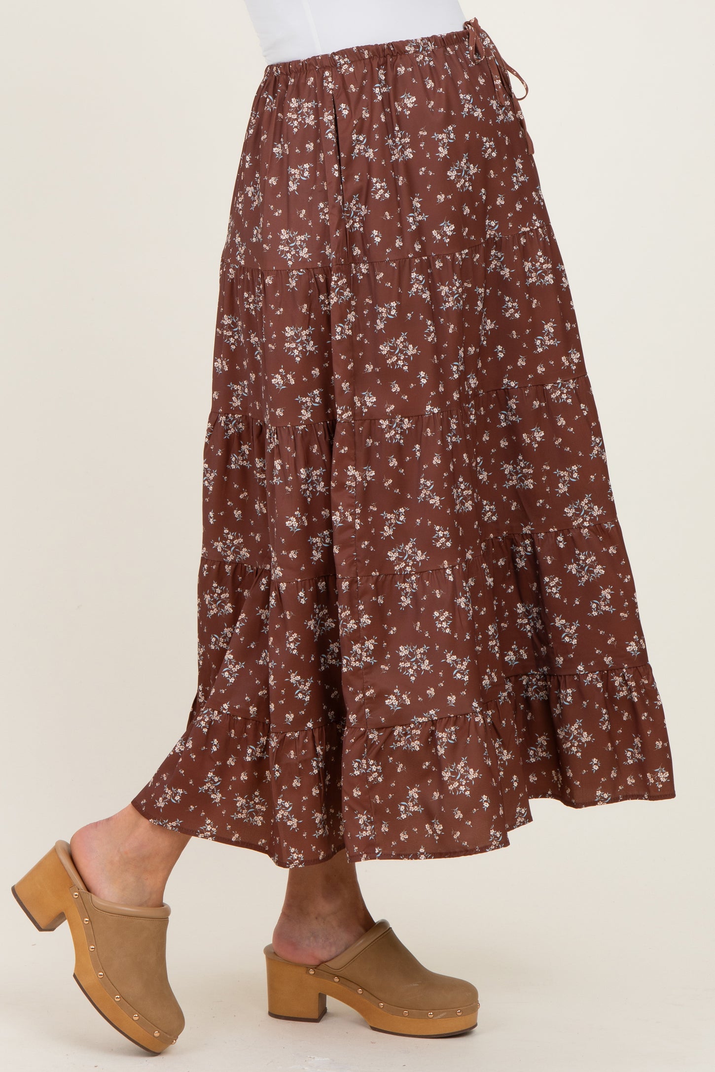 Brown Floral Tiered Maternity Maxi Skirt