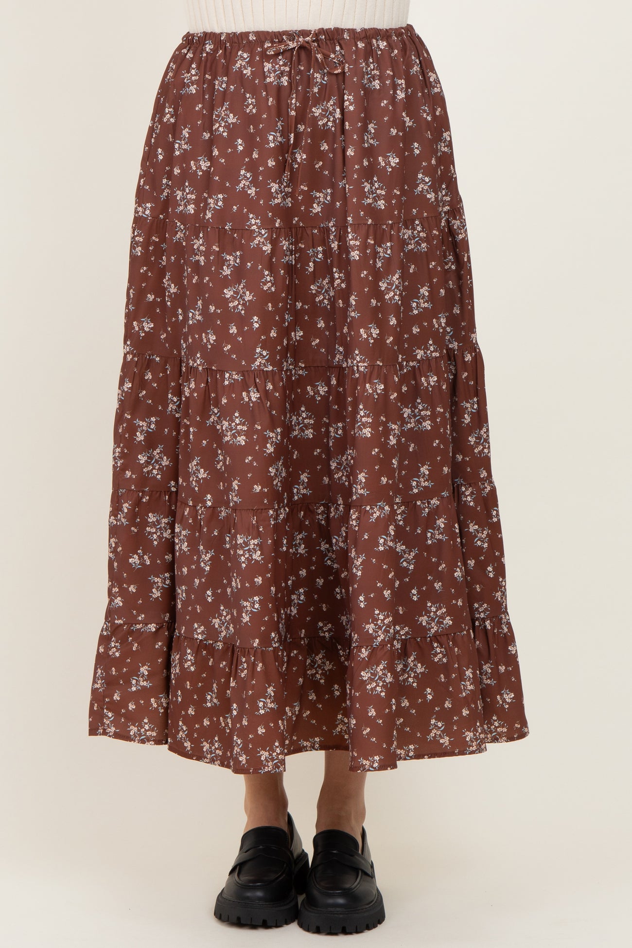 Brown Floral Tiered Maxi Skirt