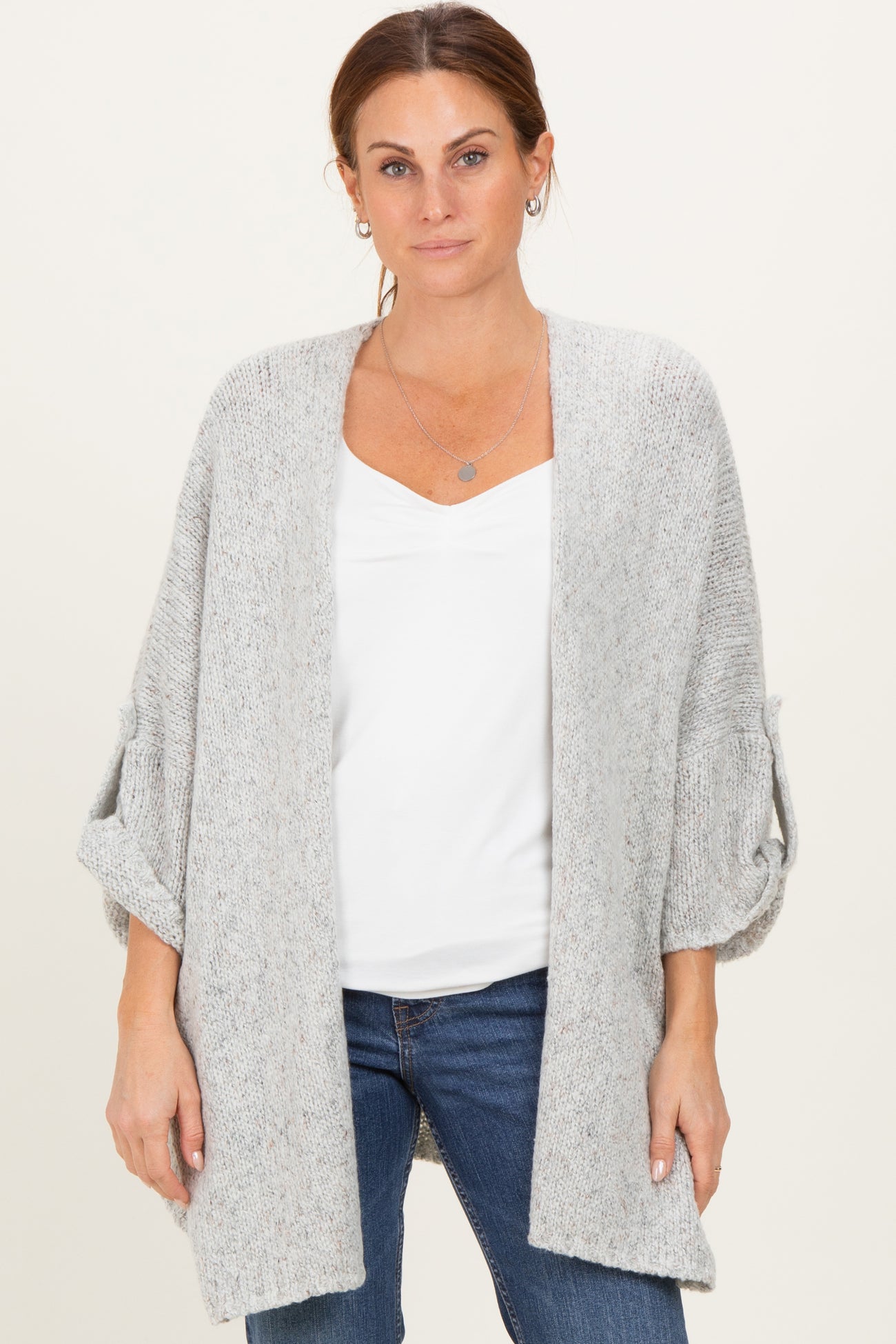 Heather Grey Oversized Cuffed Sleeve Maternity Cardigan