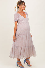 Light Taupe Floral Chiffon Tiered Maternity Maxi Dress