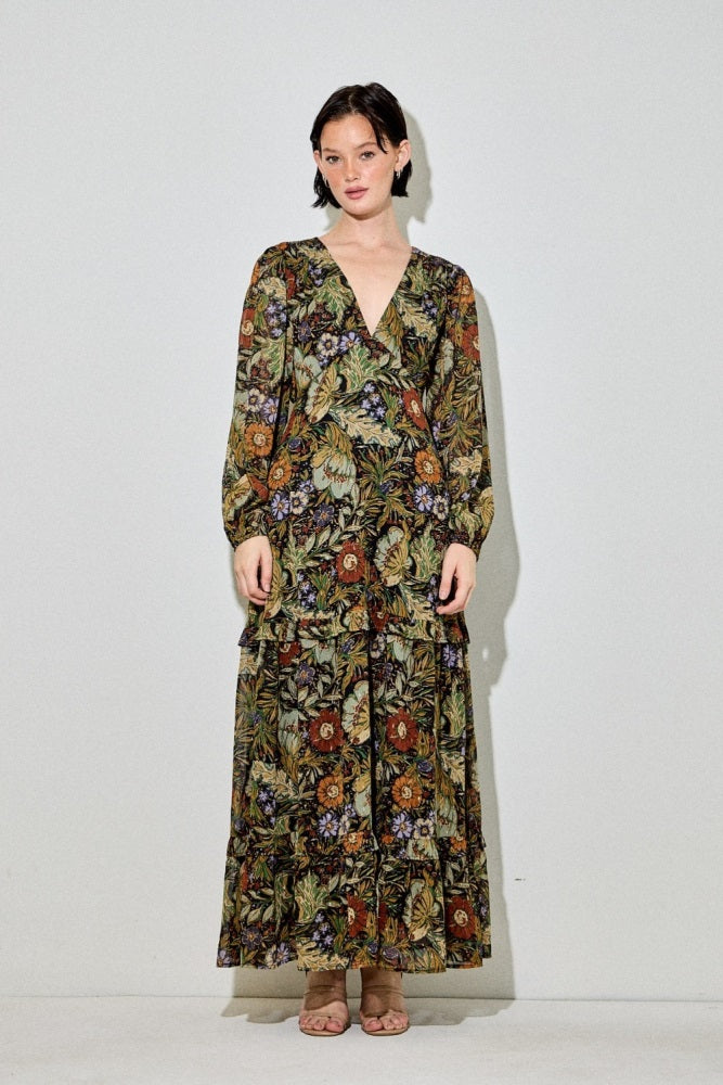Black Floral Chiffon V-Neck Long Sleeve Maternity Maxi Dress